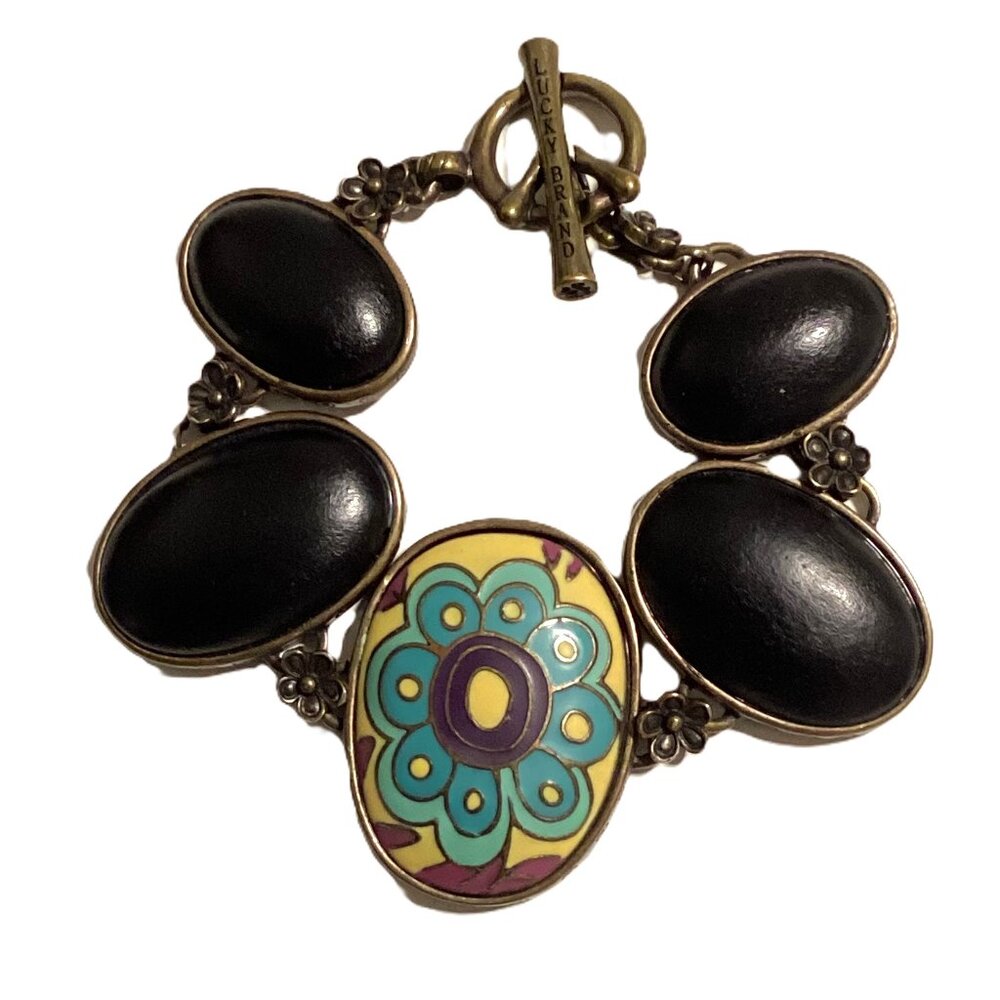 Lucky Brand Black and Floral Oval 'Stones' Link Bracelet